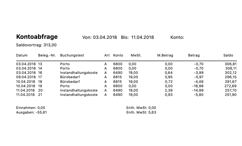Ausdruck der Kontoabfrage