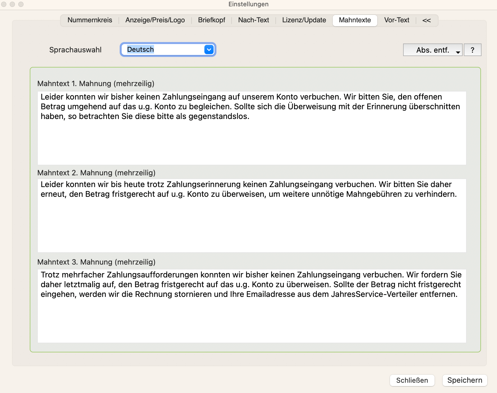 Einstellung 1 Die Mahntexte hinterlegen