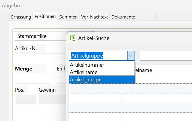 Suche einer Artikelgruppe