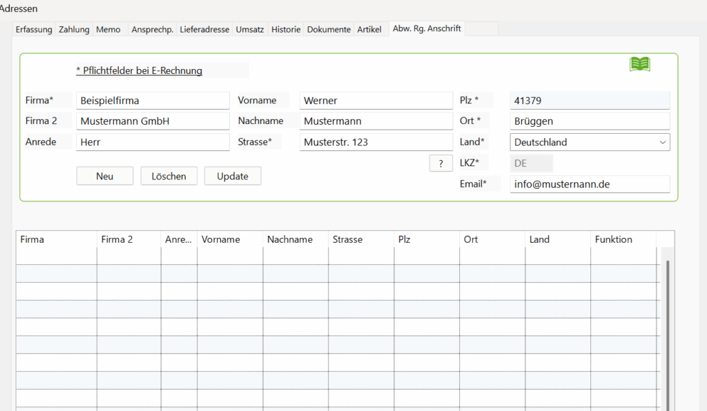 Adressen, abweichende Rechnungsanschrift
