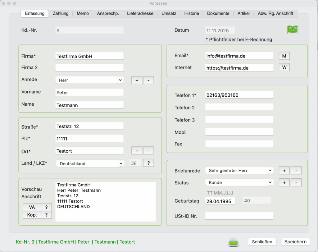 Erfassungsmaske im Adressmodul