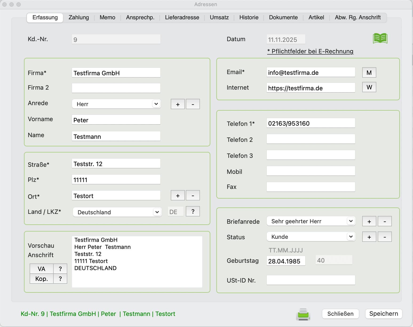Erfassungsmaske im Adressmodul