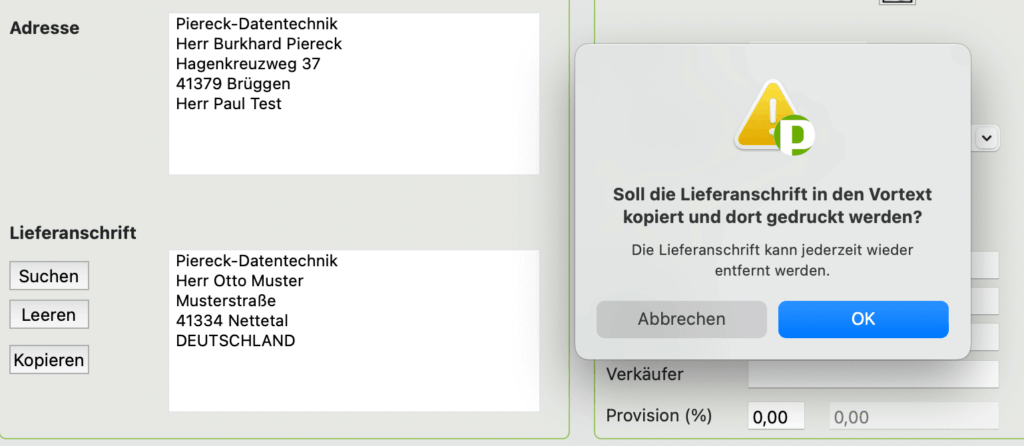 Lieferadresse in der Rechnung