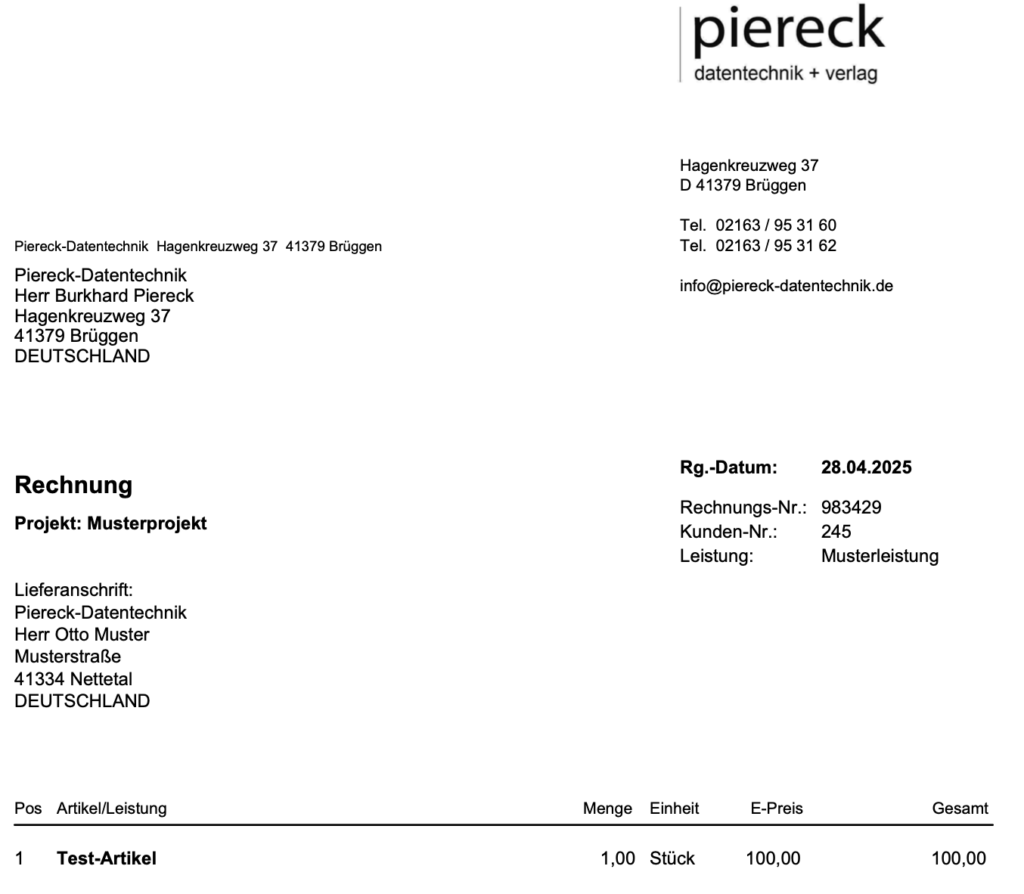 Ausdruck mit Lieferanschrift im Vortext