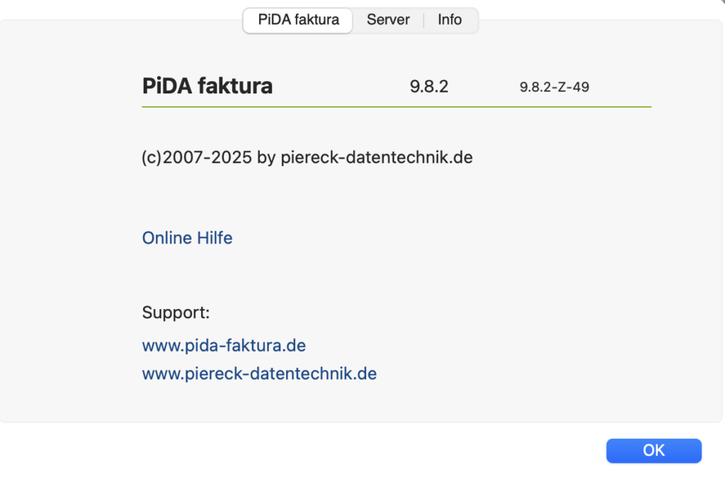Angaben zur Versionsnummer von PiDA faktura