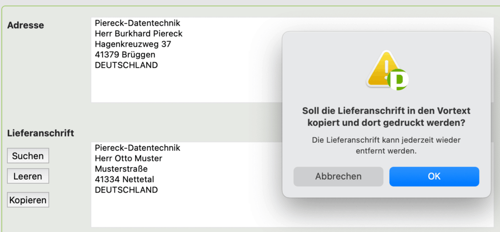 Übernahme der Lieferadresse in den Vortext.